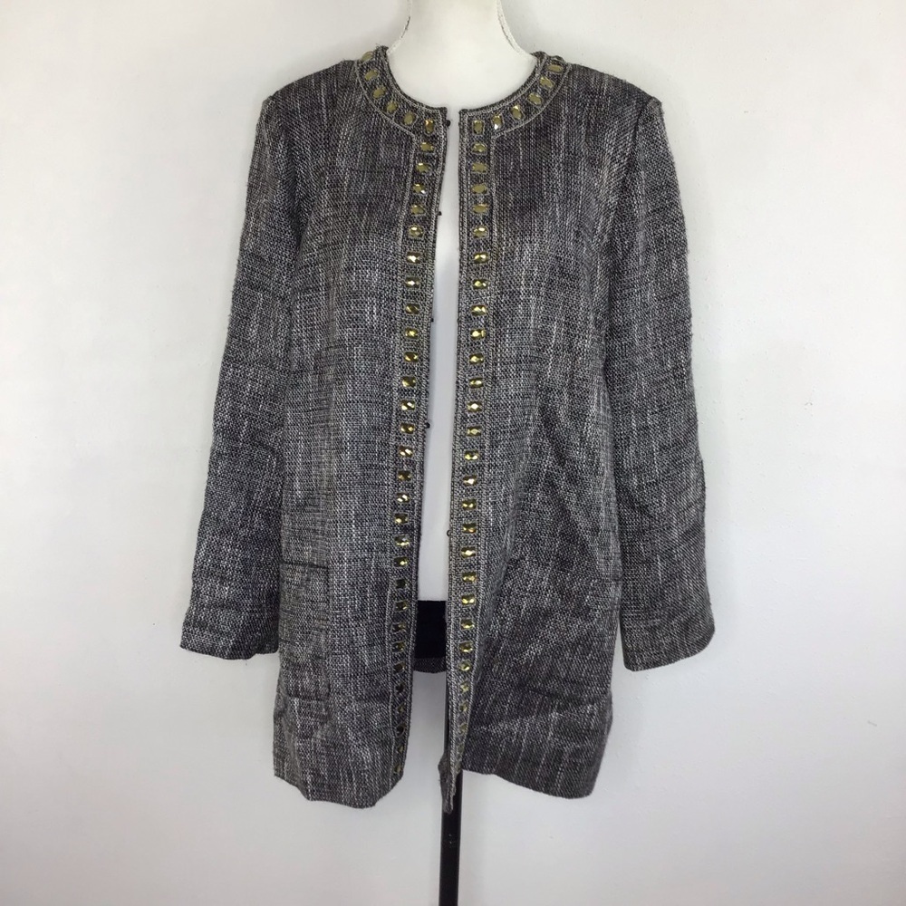 CHICO’S WOMEN GREY WHITE TWEED GOLD JEWELED CREW NECK LONG BLAZER SIZE 4